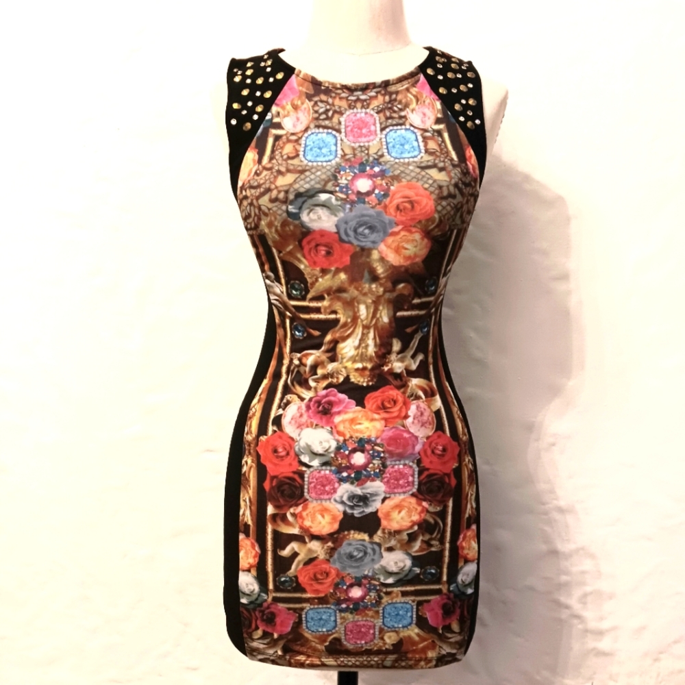 Vintage Y2K Cherubs, roses, & jewels dress with studs. Small. Body Central